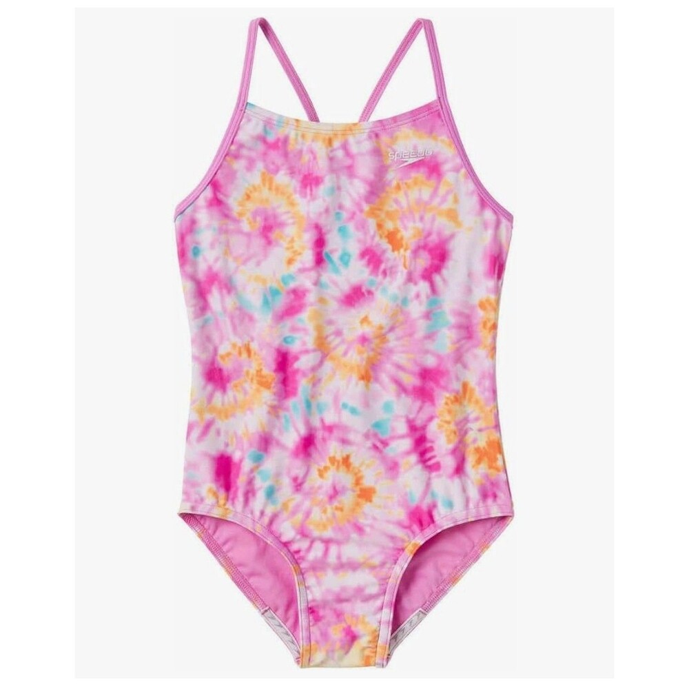 Speedo Youth Girls L (12/14) Racerback Alpha One Piece UPF Swimsuit Pink Tie Dye